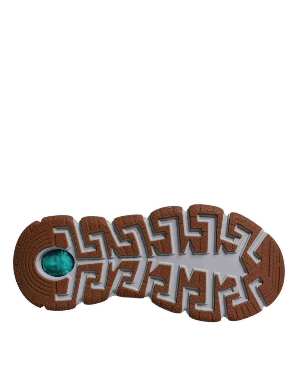 Semelle géométrique marron et blanche avec accent bleu sarcelle au talon des baskets basses versace trigreca barocco blanc